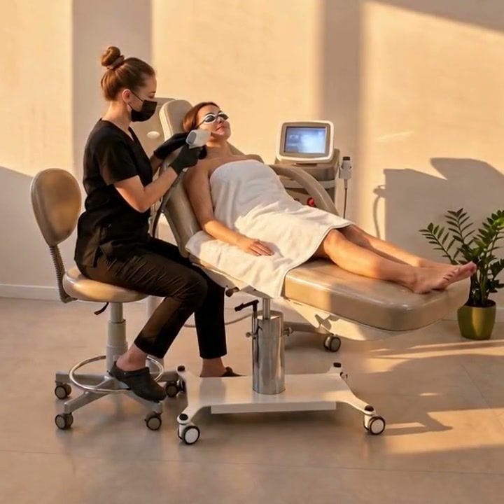 A maca paga, em luz quente, com uma profissional fazendo laser numa cliente