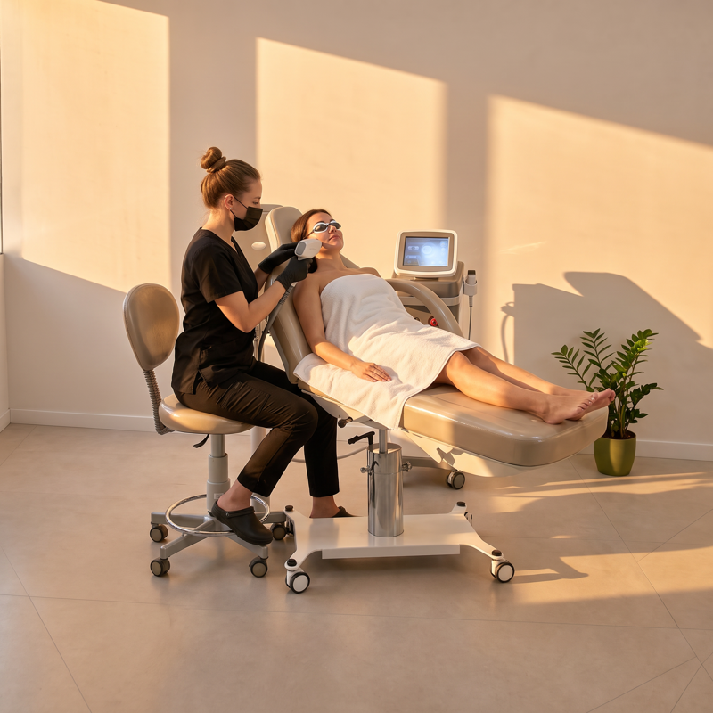 Maca paga: a mesma maca, em luz quente, com uma profissional fazendo laser numa cliente